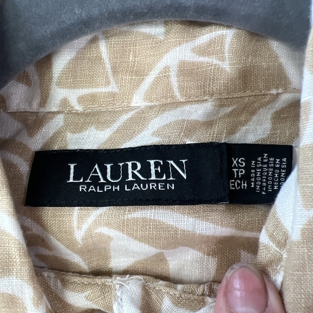 Ralph Lauren Khaki Floral Linen Shirt Button Women XS Rolled Up Long Sleeves - Picture 3 of 12